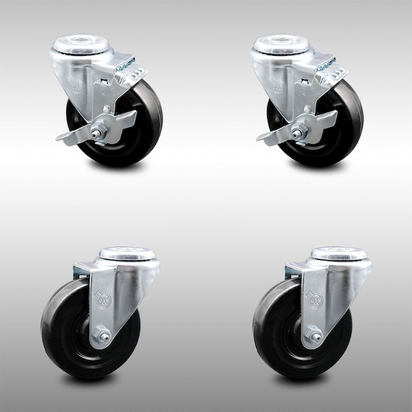 4 Inch SS Hard Rubber Wheel Swivel Bolt Hole Caster Set with 2 Brakes SCC